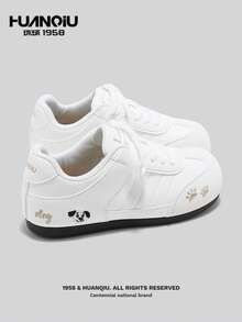 HUANQIU 百搭圆头卡通刺绣小白鞋，小狗兔子图案运动鞋，女士休闲鞋 - 白色 - 查看 5