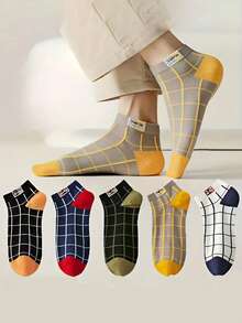 5/10双装男士透气大格纹船袜，适合春、夏、秋季穿着，休闲轻便，男女通用 - 彩色 - 查看 5