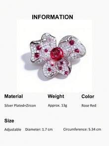 1pc Beautiful Rose Red Cubic Zirconia Big Flower Silver Plated Adjustable Open Ring For Women, Wedding, Engagement, Banquet, Cocktail Party, Brides, Bridesmaids, Girlfriends, Wife Gift - Rose Red - View 12