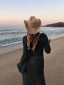 女士镂空V领搭扣高开衩优雅性感纯色长袖直筒针织长裙沙滩罩衫，宽松泳衣外套，钩针比基尼罩衫，春夏秋季 - 黑色 - 查看 9