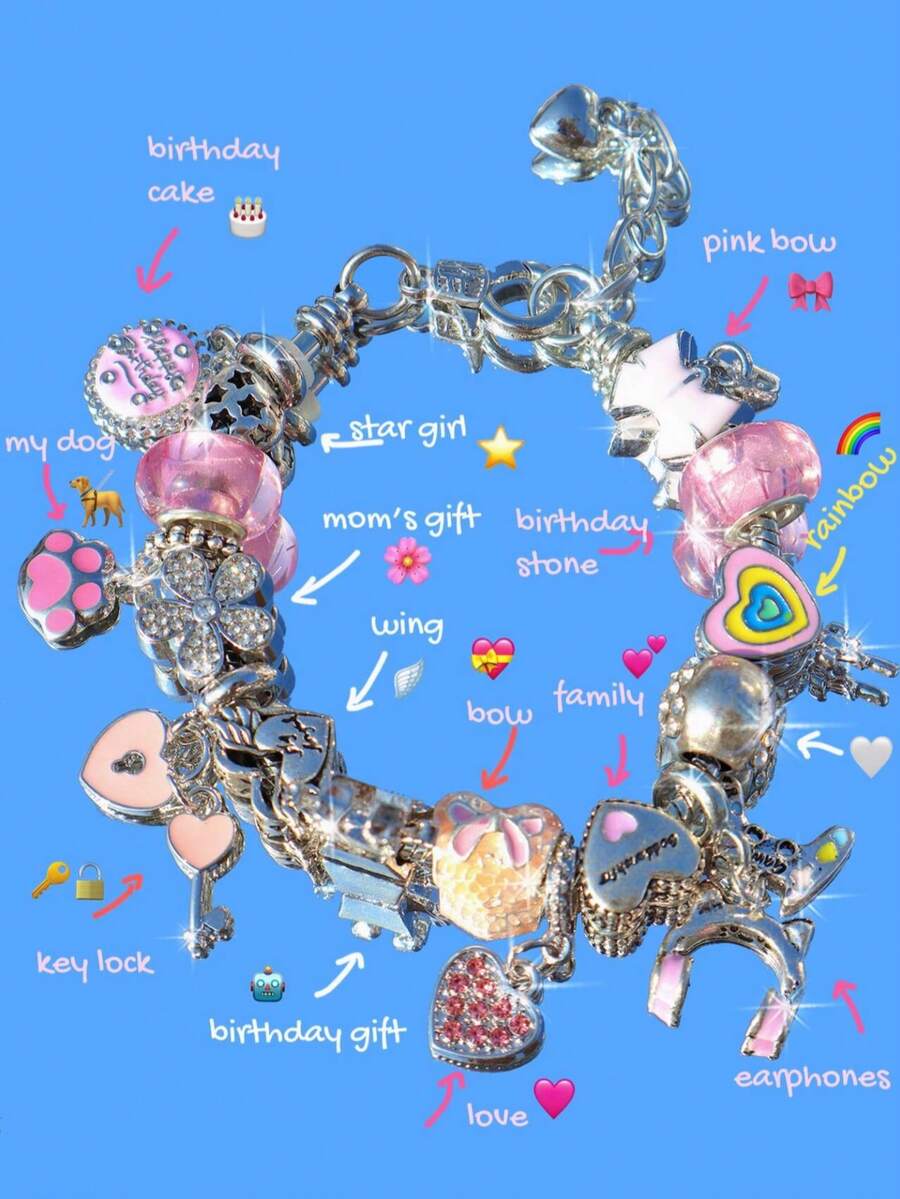 1条可爱机器人吊坠手链，心形棒棒糖DIY手链，花朵手链，心形钥匙吊坠手链，可爱风手链