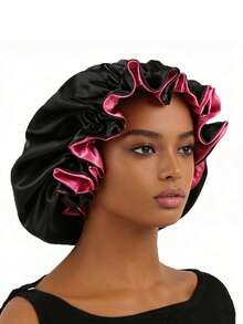 1 pieza Gorro de dormir reversible de seda, material de satén, gorro de dormir ajustable - Rosa Fucsia - Ver 2