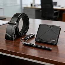 男士短款钱包四件套+皮带+钥匙扣+钢笔，复古商务时尚风格，大容量卡槽，优雅现代设计，适合工作和日常使用，是生日、周年纪念日、父亲节、圣帕特里克节、复活节、毕业季、返校季送给父亲、朋友、男友或自己的完美礼物。 - 黑色 - 查看 3