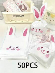 50个复活节兔子礼品袋，带耳朵和可活动眼睛，适合存放雪花饼干、零食、烘焙食品、巧克力、糖果。适用于生日、婚礼、送礼派对等场合。糖果和饼干礼品袋。适用于复活节、感恩节、儿童节、圣诞节和其他节日。适用于家庭大宗塑料包装。 - 查看 1