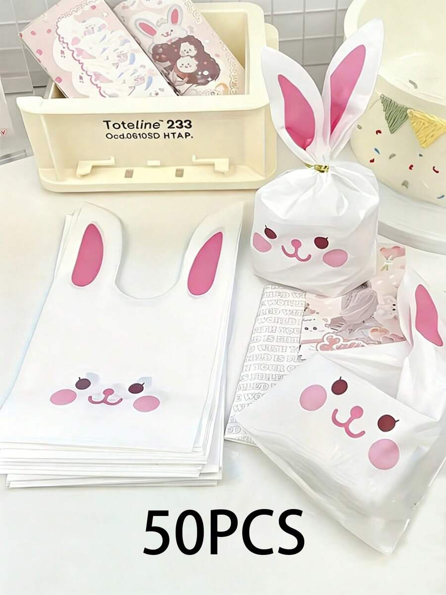 50个复活节兔子礼品袋，带耳朵和可活动眼睛，适合存放雪花饼干、零食、烘焙食品、巧克力、糖果。适用于生日、婚礼、送礼派对等场合。糖果和饼干礼品袋。适用于复活节、感恩节、儿童节、圣诞节和其他节日。适用于家庭大宗塑料包装。 - 查看 1