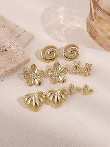 10pcs Fashionable Metallic Flower & Heart Stud Earrings Set, Women's Stylish Earring Jewelry Set, Lightweight CCB Material For Daily Wear - Gold - View 7