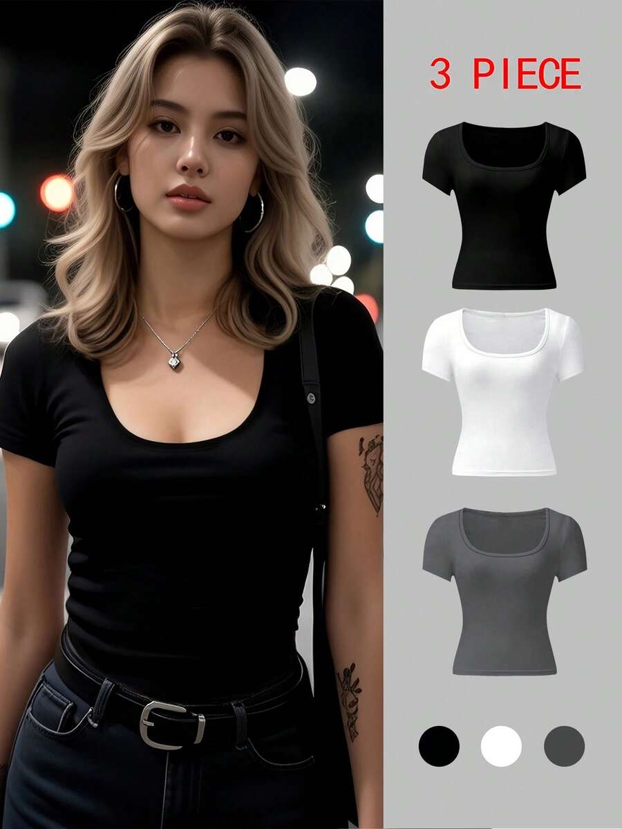 Bộ 3 áo thun nữ cổ chữ U tay ngắn, kiểu dáng mùa hè, màu trơn, ôm sát, dáng ngắn. - Nhiều màu - Xem 1