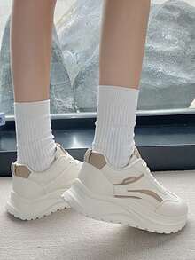 2026 New Spring Leather White Sneakers For Women, Versatile Thick Sole Casual Sports Shoes, Ins Net Celebrity Chunky Sneakers - Khaki - View 4