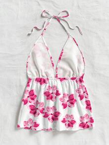 女士露背吊带背心，花卉叶子印花图案，蝴蝶结露背沙滩度假上衣 - 玫紅色 - 查看 4