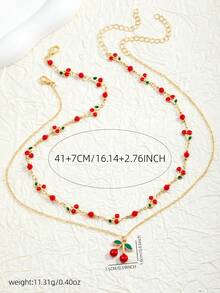 两件套新鲜甜美的红樱桃水果项链，配有油滴吊坠，双层设计，可佩戴 - 櫻桃項鍊 - 查看 3