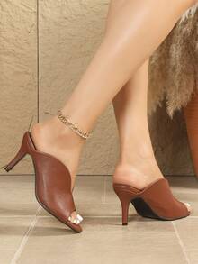 女士高跟凉鞋，咖啡棕色女士高跟凉鞋，露趾V字形露趾穆勒鞋，套脚高帮凉鞋 - 咖啡棕 - 查看 3