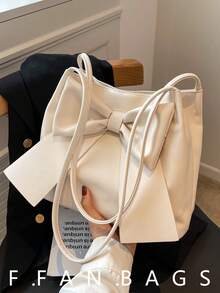 Bolso de hombro de piel de PU de unicolor para mujeres, ultra ligero y portátil, elegante con decoración de lazo, bolso de mano perfecto para chicas, gran capacidad, regalo perfecto para el Día de San Valentín, la mejor opción de regalo de San Valentín, bolso con lazo de moda para mujeres - Beis - Ver 1