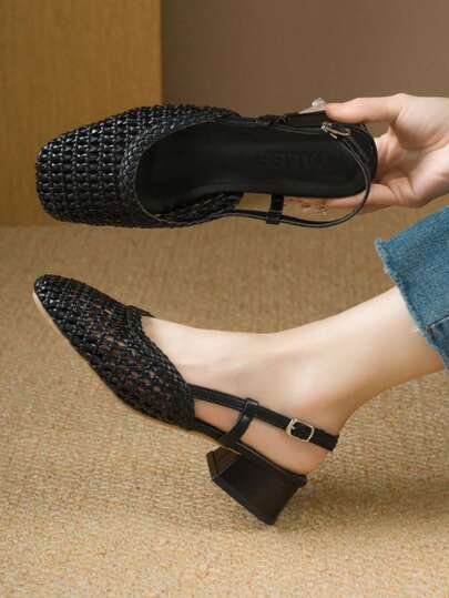 Square Toe Breathable Woven Women's Sandals, Elegant Chunky Heel Bow Tie Lightweight Black High Heel Shoes For Outdoor Party, Buckle Hollow Women Shoes,Summer Outfits