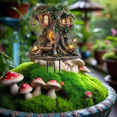 亚克力仙女树屋悬挂装饰，防水耐用，室内/室外花园插地装饰品