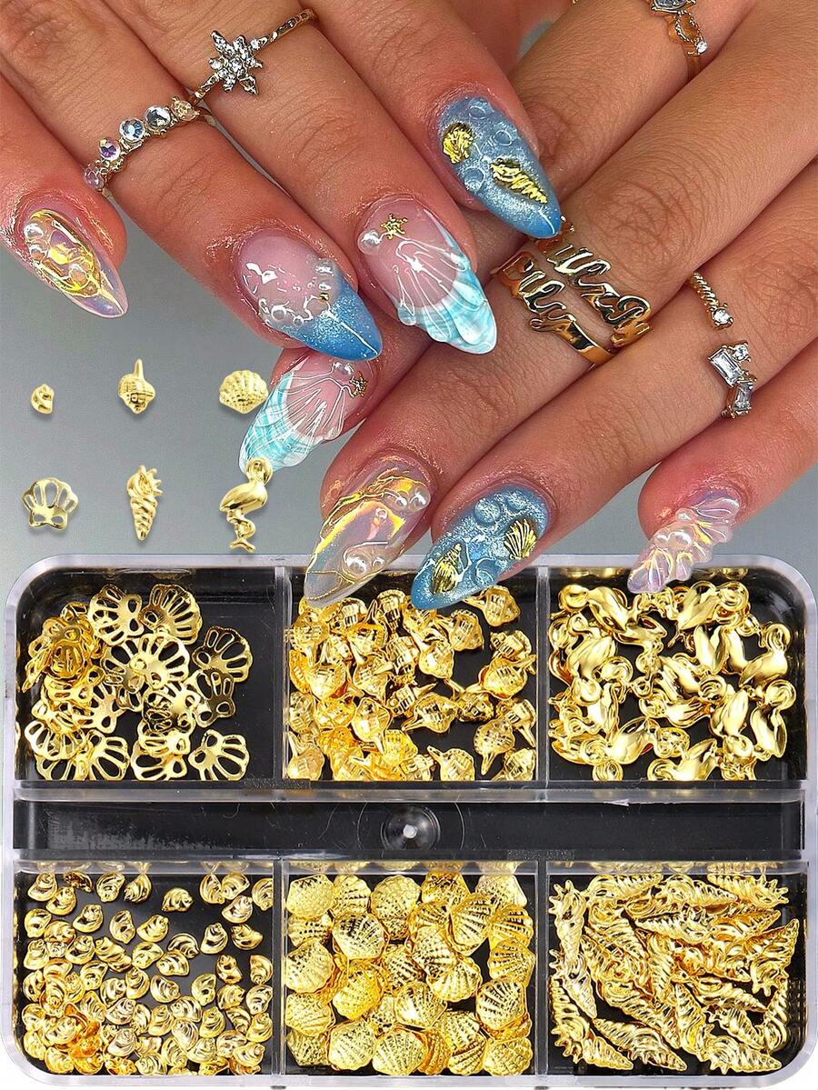 1盒金色海洋美甲饰品,夏季贝壳海螺火焰鸟美甲铆钉3D金属亮片美甲宝石,Y2K可爱美甲装饰,DIY美甲用品 - 金色 - 查看 1