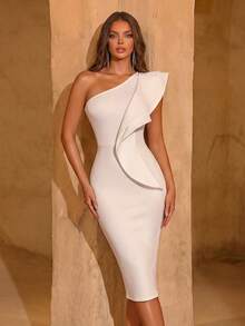 Asymmetric Ruffled Bandage Cocktail Dress, White Elegant Formal Gown For Wedding Guest, Suitable For Birthday, Graduation, Dinner Party, Homecoming And Other Occasions - White - View 6