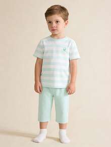 Balabala Young Boy Soft Fabric Cartoon Smiley Face Striped Print Round Neck Short Sleeve Casual T-Shirt, Loose Fit - White Green Tone - View 3