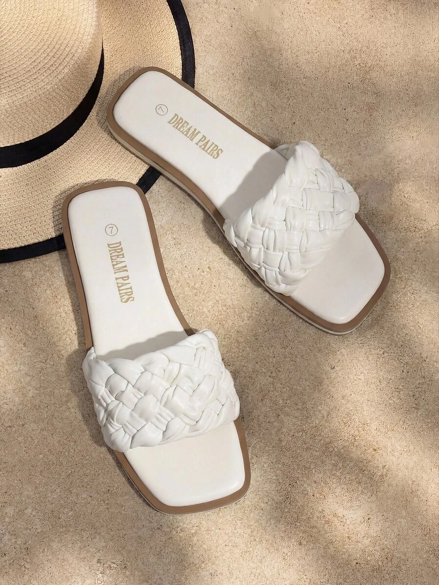 Women Square Open Toe Slide Sandals Slip On Braided Strap Slingback Flat Sandals Vacation Summer Beach Shoes - 白色 - 查看 1