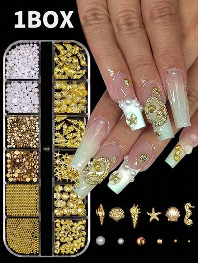 12Pcs 3D Ocean Theme Nail Charms Nail Decorations, Multi-Shaped Golden Alloy Shell Abalone Seahorse Starfish Conch Pearl Mini Caviar Beads Rhinestone 3D Ocean Series Metal Pendant Suitable For Nail Art Jewelry Craft Project DIY Nail Charms Nail Gems Nail Supplies Nails