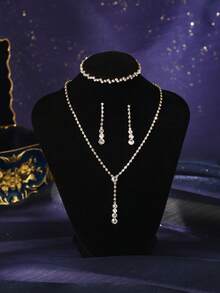 4pcs Bridal Wedding Necklace Earrings Bracelet Set, Women's Rhinestone Tassel Jewelry Set, Sparkling Party Banquet Luxury Jewelry - Multicolor - View 7