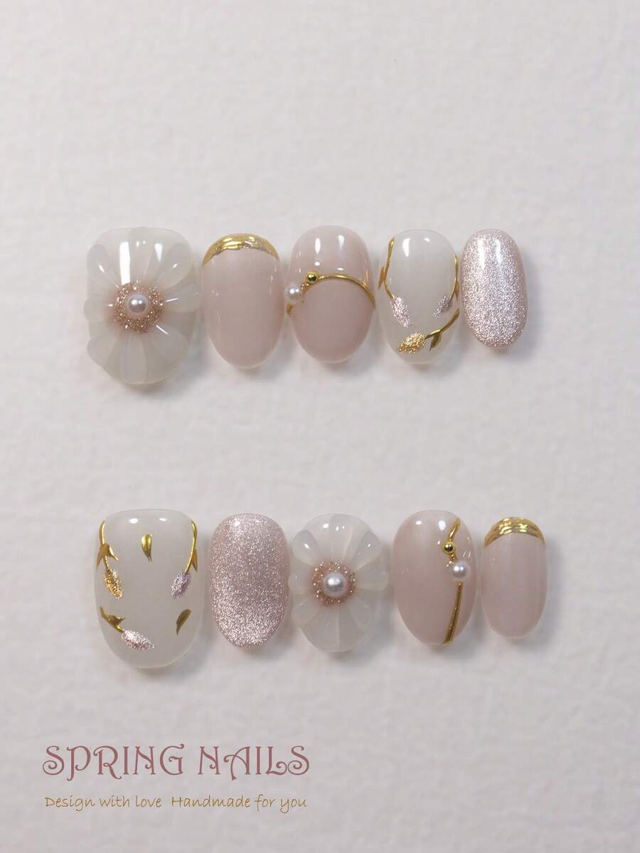 10片手工亚克力短款美甲贴片，夏季时尚粘贴式假指甲，日式美甲设计，可爱猫眼配金色镶边，约会及各种场合必备。 - 乾枯玫瑰色 - 查看 1