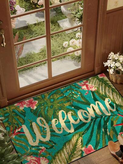 1 pieza Felpudo de estilo rústico con patrón de "Bienvenida" de hojas de palma y flores de verano, hecho de fibra de poliéster lavable, adecuado para sala de estar, cocina, dormitorio, entrada, decoración del hogar, decoración de habitación, para todas las estaciones