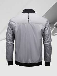 Men's Stand Collar Zip-Up Baseball Jacket, Bomber Jacket - Light Grey - View 3