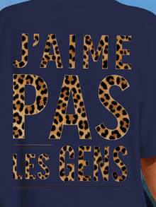 「J'AIME PAS LES GENS」豹紋字母印花，女式寬鬆T卹，夏季上衣，K-Pop戰士系列，純棉上衣，女裝服飾，女式夏裝，針織服飾，派對裝束，大碼女裝，大碼女式圓領寬鬆上衣，閨蜜裝，度假服飾，休閒運動裝，優雅上衣，女士運動裝,頂部女裝，促銷女裝，男女同款，青少年裝、基本款T卹，夏季女裝，柔軟舒適，Y2K風格,夏季、情人節、狂歡節、聚會、海灘、婚禮、外出活動、優雅、度假、休閒、奢華、千禧年、亮片、豹紋、圓點圖案、圖形、花卉、迷彩 - 藏青 - 查看 6