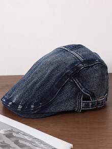 1pc Solid Color Washed Denim Newsboy Cap, Minimalist Vintage Beret Hat,Summer,Beach,Holiday,Festival,Travel - A - View 6