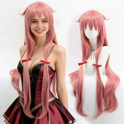粉色长直波浪卷发cosplay假发，配红色丝带扎带，女士适用 - 优质耐热合成纤维，可爱层次刘海 - 完美适用于动漫角色扮演、漫展、节日派对和日常佩戴 - 外观自然，触感柔软，易于造型 - 可调节帽围，适合所有头围 - 耐用且可重复使用 - 是cosplay爱好者和时尚达人的理想之选
