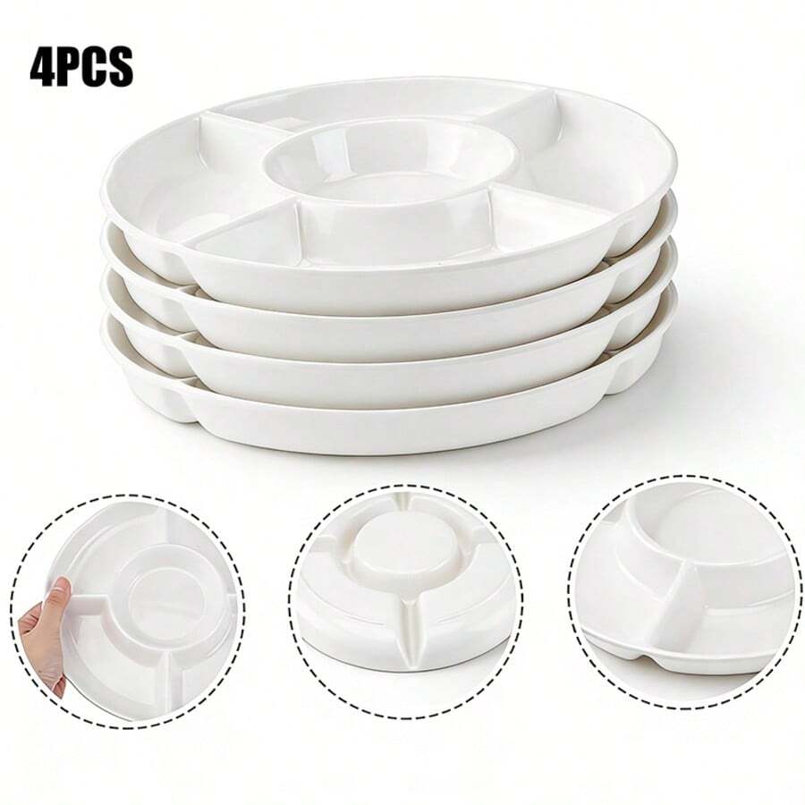 1/2/4件装可重复使用五格零食托盘，白色塑料分隔盘，不易碎圆形水果坚果拼盘，大容量，5个独立隔间，适合派对、日常使用、客厅茶几等场合。 - 彩色 - 查看 1