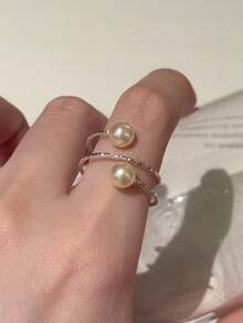 1枚珍珠缠绕可调节开口戒指 - 銀色 - 查看 2