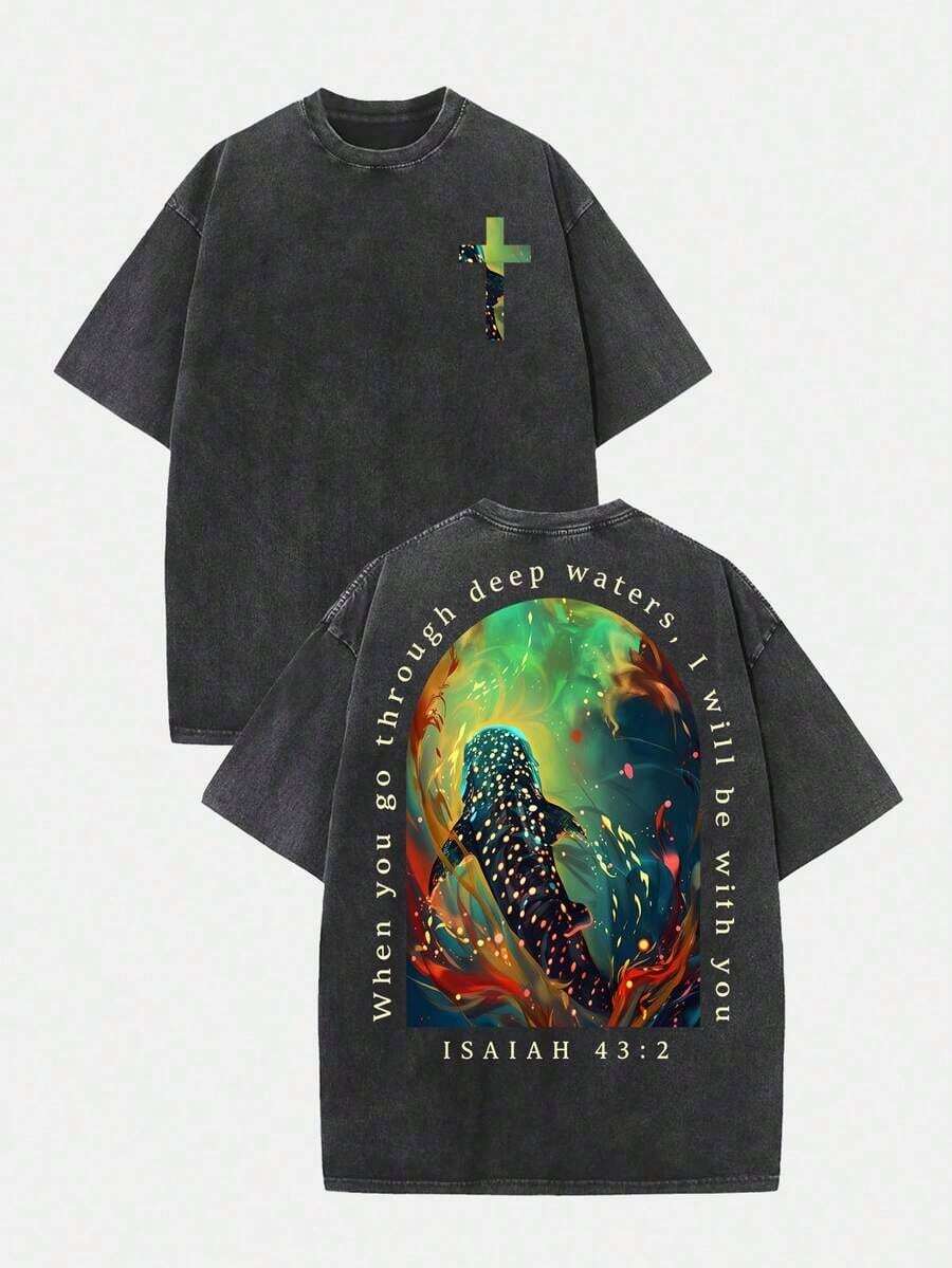 2026 Summer Clothes(230g T-Shirt) Loose Washed Cotton "When You Go Through Deep Waters" Turtle Graphic T-Shirt, Comfortable Christian Faith Tee With - 黑3 - 查看 1