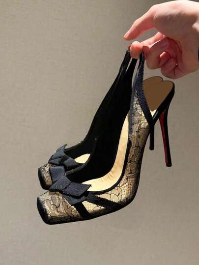 Black Lace High Heel Shoes, Sexy Bowknot Strap Sandals For Women,Stiletto Heels