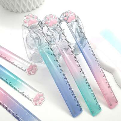 1pc Random Color/3pcs Cute Cat Paw Ruler, 15cm Gradient Color Ruler, Student Stationery Supplies