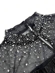 Đầm dạ hội dáng ôm cổ đứng đính cườm và sequin của SUPGIR dành cho nữ, chất liệu chiffon xuyên thấu, màu đen, thích hợp cho mùa xuân. - màu đen - Xem 8