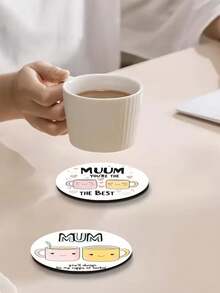 6pcs Wooden Round Coasters, Mother's Day Design "Mom, You're The Best" With Smiling Coffee Cup And Heart Pattern, 10cm Diameter, Heat-Resistant, Perfect Mother's Day Gift For Mom - Multicolor - View 5