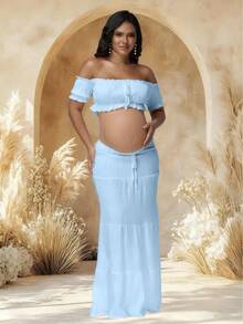 JustVH 2pcs Maternity Off-Shoulder Ruffle Hem Crop Top And Flowing Maxi Skirt Set, Suitable For Photography And Beach Wear Spring - Baby Blue - View 6