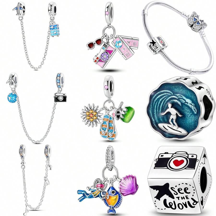 1 件时尚贝壳闪亮珠子吊坠，镀银，适合手链项链 DIY 节日礼物 - 彩色 - 查看 1