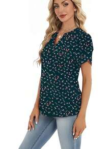 女士短袖雪纺V领印花衬衫，轻盈舒适，适合工作、度假、居家及节日场合，春夏秋季皆宜。 - 彩色 - 查看 4