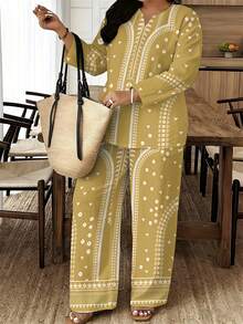 2026 New Style A Set Of Retro Yellow-Based White Pattern Woven Fabric Loose And Comfortable Women's Plus-Size Printed Two-Piece Set For Spring, Autumn And Summer, Suitable For Christmas, Daily Wear And Festival Gifting, Yellow-Based White Pattern Retro Style Suit - Multicolor - View 2