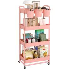 Blue Plastic Rolling Utility Storage Cart, 3 Tier Trolley With Hanging Cups Handles Lockable Wheels For Kitchen Bathroom Office - Pink - View 9