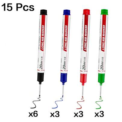 Set Of 15 Long-Nib Marking Pens Designed For Deep Holes, Featuring A Special Oil-Based Formula For Carpentry. Ideal For Marking On Ceramic, Wood, Plastic, Metal, And For Bathroom Installations And Decorative Wood Fixing In Construction