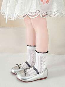 4 pares de calcetines finos y transpirables para niñas con lazo y adorno de encaje, versátiles para el uso escolar, primavera/verano - Blanco y Negro - Ver 2