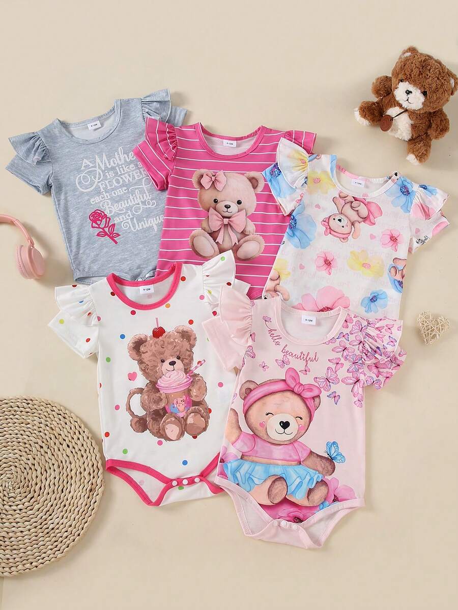 Bộ 5 món áo liền quần tay ngắn viền bèo nhún in hình gấu hoạt hình và chữ cái cho bé gái, thích hợp mặc mùa hè. - Nhiều màu - Xem 1