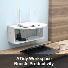 Estantería flotante de 2 niveles con toma de corriente, adecuada para router WiFi, módem, regleta, gestión de cables, sin necesidad de taladrar, organizador blanco para accesorios de TV, consola de juegos, oficina en casa - Ver 3