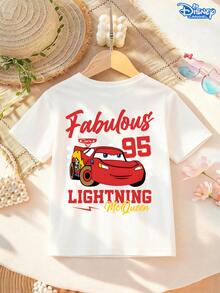 Disney Cars Lightning McQueen Fabulous 95 Print Kids T-Shirt, White Loose Crew Neck Top, Classic Red McQueen With No.95 & Checkered Pattern, Full Of Racing Vibe, Breathable Skin-Friendly, All-Match For Summer Outing & School, Unisex - 白色 - 查看 1