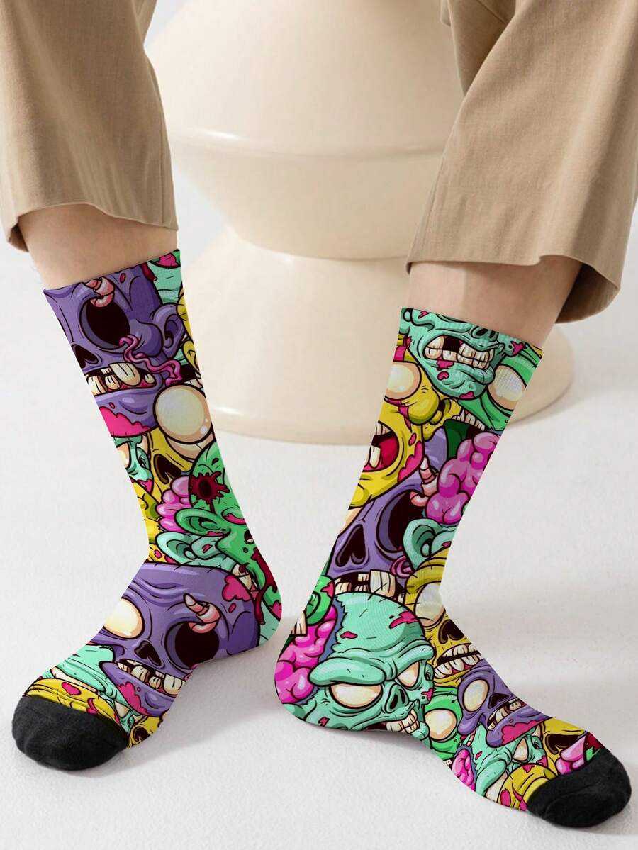 1 Pair 360 Men's Socks – Fun All-Over Print Featuring Skull ,Soft, Comfortable, And Highly Elastic, These Fashionable Casual Streetwear Hip-Hop 360 Socks Are Perfect As Compression Gear, Valentine's Day Socks, Or Loose Maternity Socks. - Multicolor - View 1