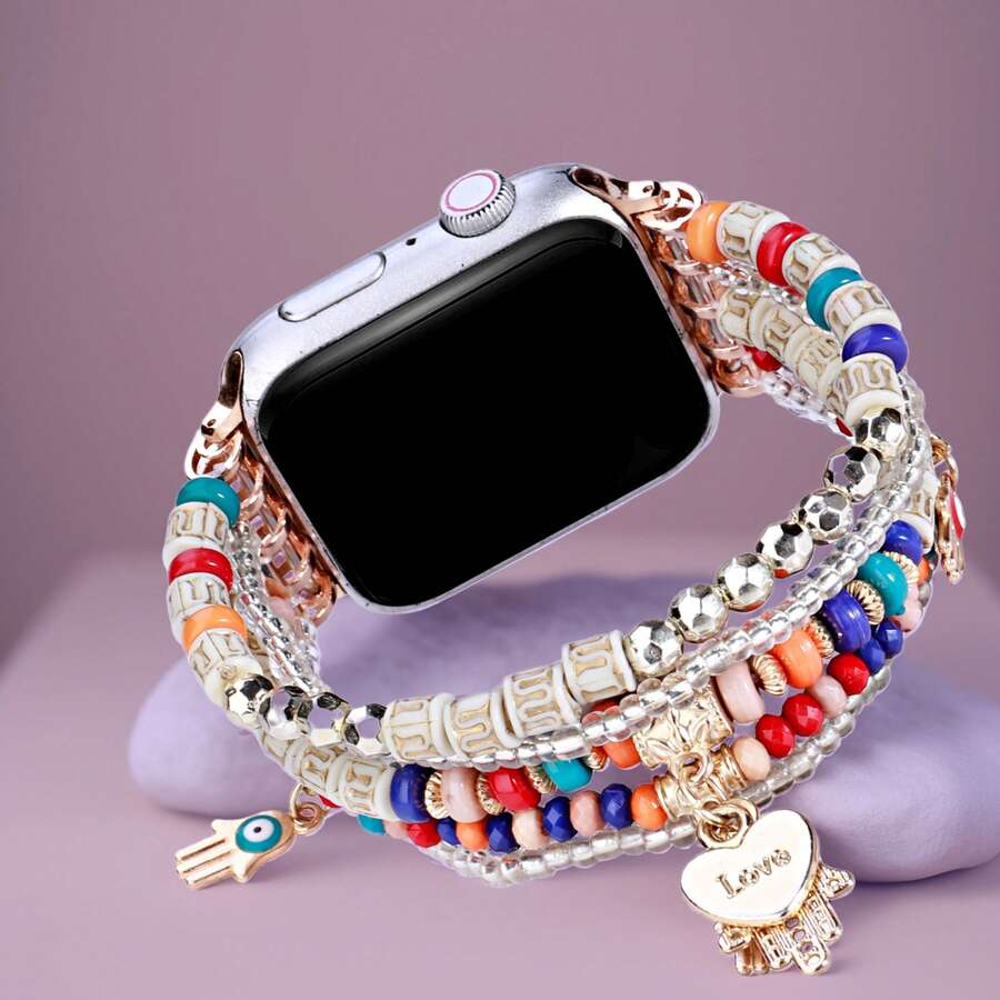Boho Chic Multilayer Beaded Band For Apple Watch 49mm 46mm 45mm 44mm 42mm 41mm 40mm 38mm, Resin Bead Bracelet With Charms, Fashion Stretch Strap Compatible With Apple Watch Series Ultra/11/10/9/8/7/SE/6-1