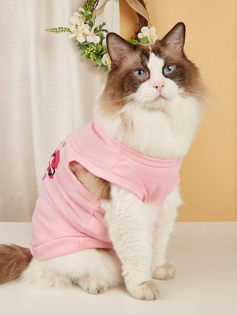 1件粉色涤纶宠物背心，透气衬衫，防掉毛猫咪衣服，柔软舒适宠物背心 - 粉色 - 查看 1